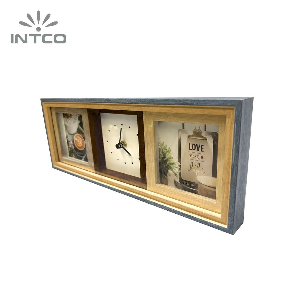 130x420 3-opening collage photo frame with wall clock with 2 replaceable photos
